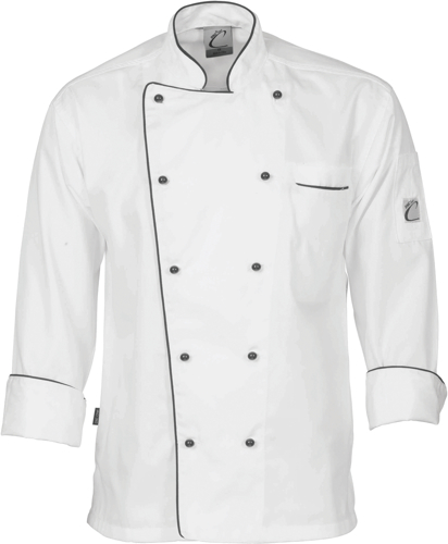 CLASSIC CHEF JACKET L/S - WHITE 2XL -UNISEX - BLK PIPING 10 BUTTONS POCK