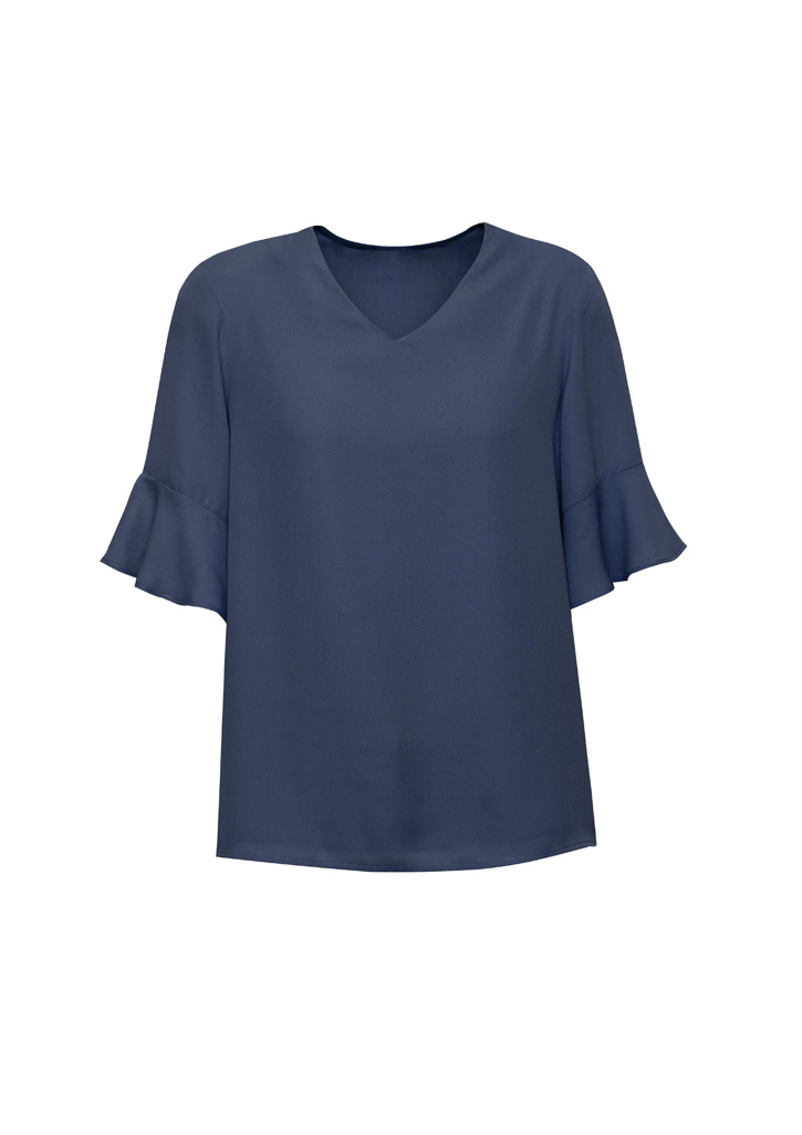 BLOUSE LADIES ARIA STORM BLUE S6 -FLUTED SLEEVE POLYESTER GEORGETTE
