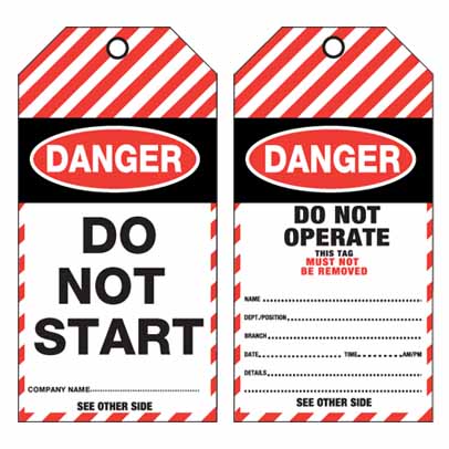 DANGER DO NOT START (pkt 100) 140 x 75 TEAR PROOF POLY